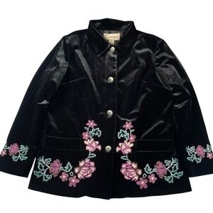 Very‎ Veranesi Blazer Womens 16W Black Velour Velvet Floral Embroidery Lined